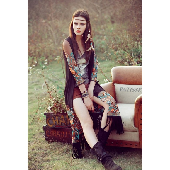 Boho Black Sheer Embroidered Fringe Kimono Duster - Picture 2 of 8